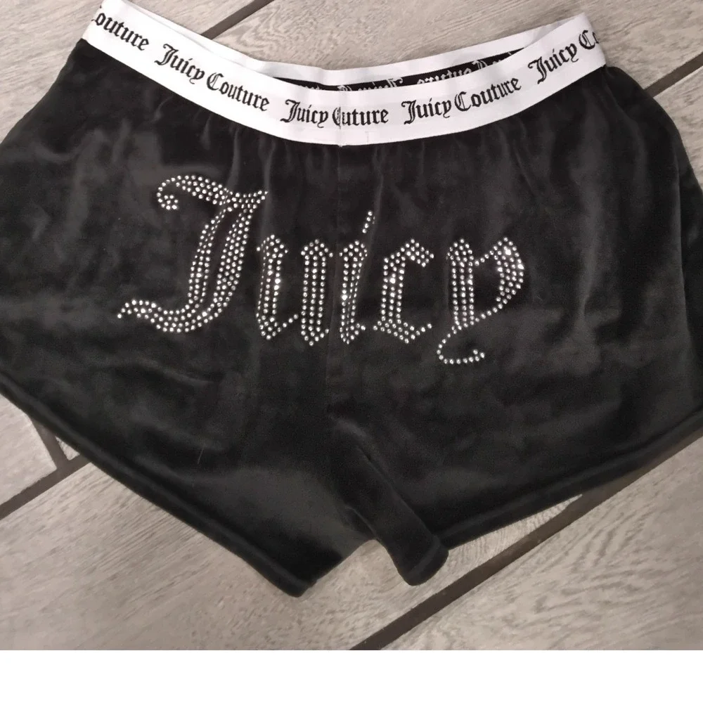 Juicy‎ Couture Black Velour Shorts Rhinestone Logo Elastic Waist Women's M